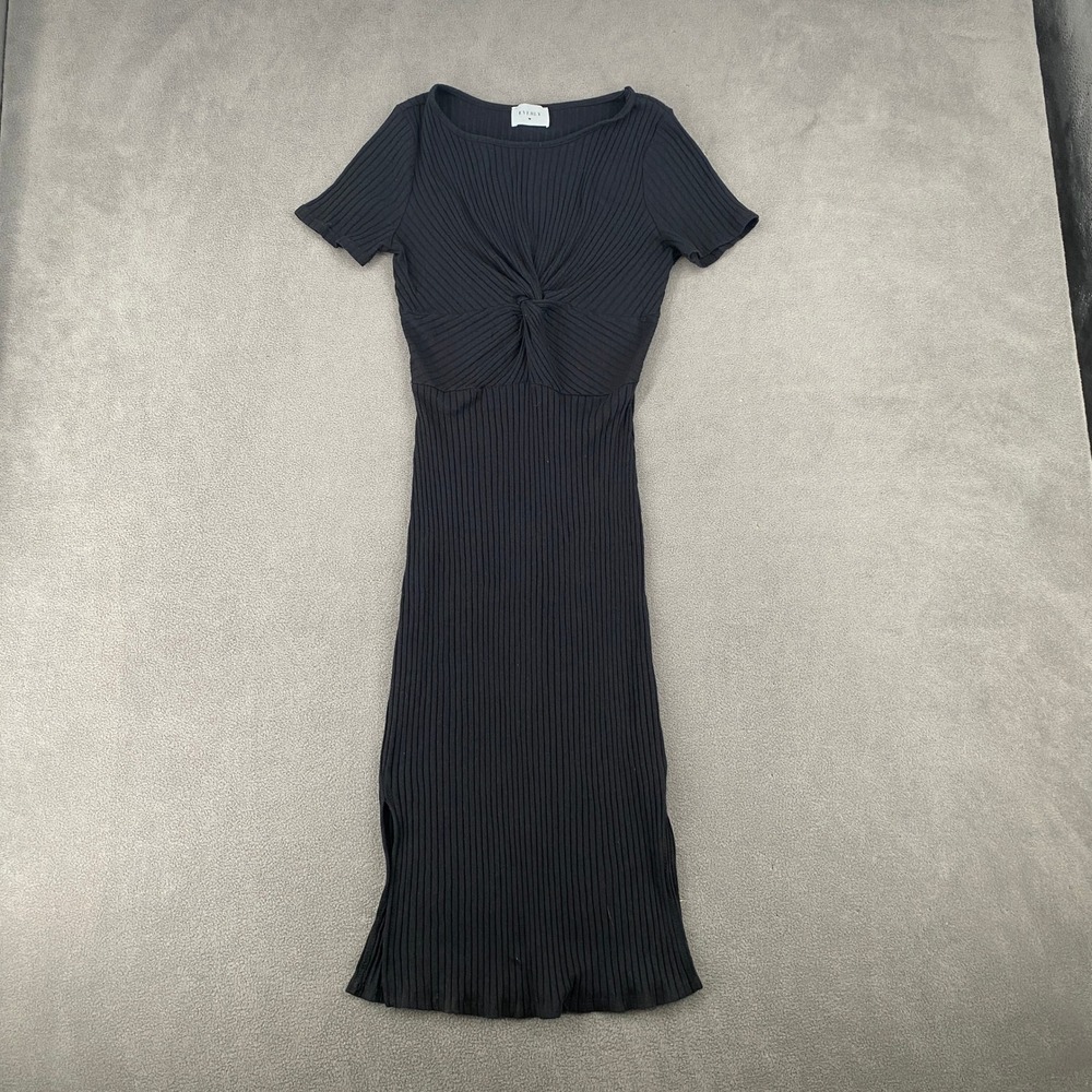 Everly Black Ribbed Twist Front Short Sleeve Midi Bodycon Dress Side Slit Size M